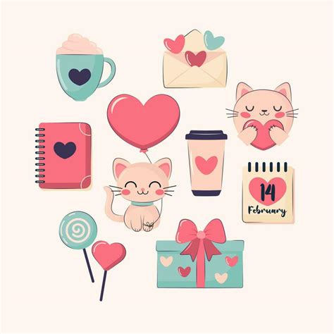 Valentine's day set with cute cats, hearts and other elements. Wedding ...