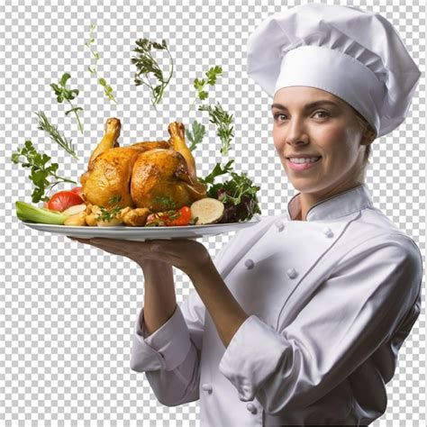 Female Chef In A Uniform Holding A Plate Of Chicken Isolated Premium