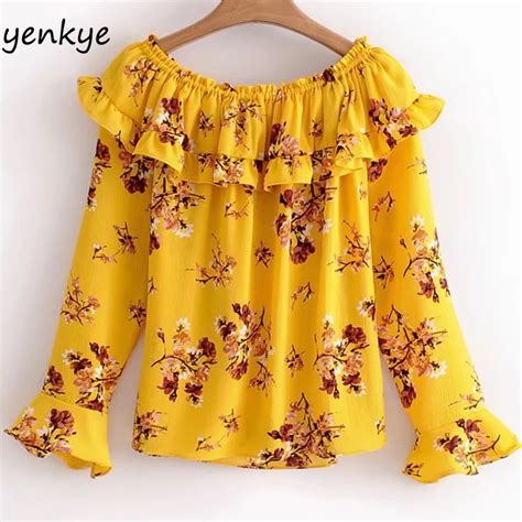 2018 Floral Printed Ruffle Sexy Off Shoulder Blouse Women Slash Neck Long Sleeve Yellow Summer