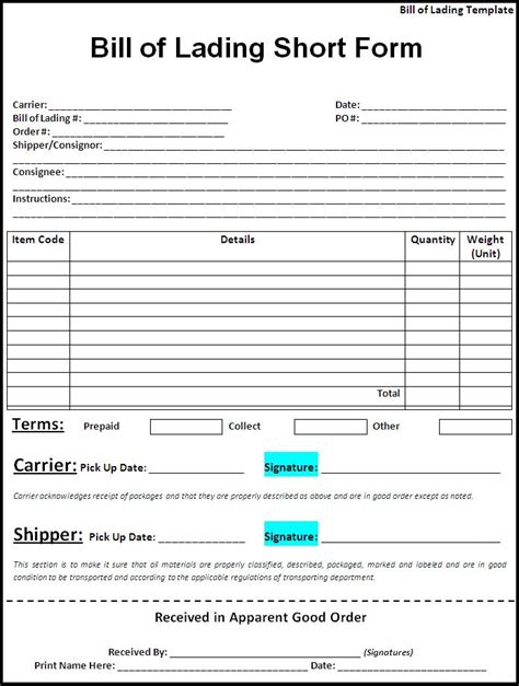 5 Free Bill Of Lading Templates Excel Pdf Formats