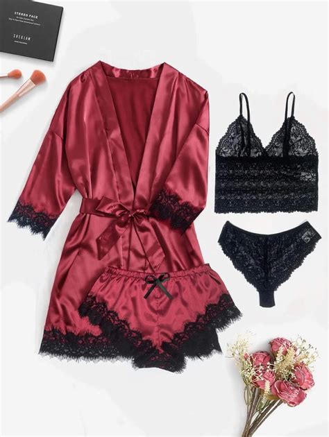 Pack Floral Lace Satin Lingerie Set Belted Robe Shein Usa