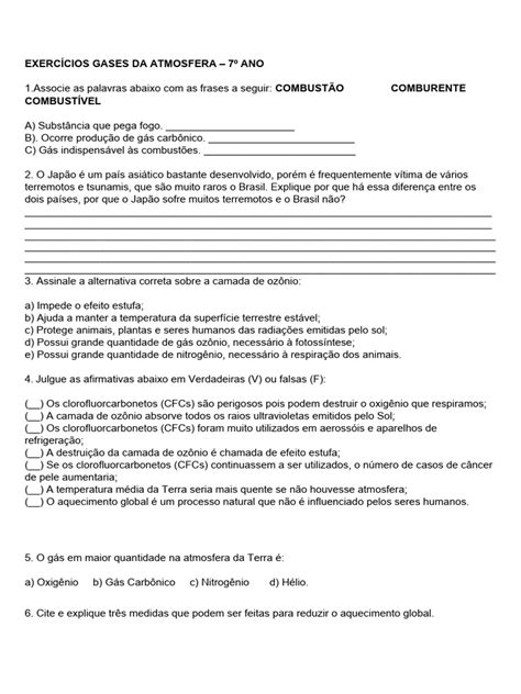 Exercícios Gases Da Atmosfera 7º Ano 1 Pdf Combustão Clorofluorcarbono