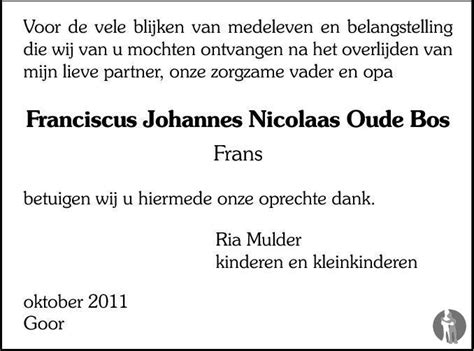 Franciscus Johannes Frans Oude Bos Overlijdensbericht En