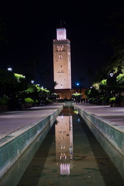 Reflection in a Fountain Water of Koutoubia Mosque at Night, Marrakech ...