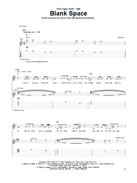 Blank Space By Taylor Swift Sheet Music For Guitar Tab At Sheet Music Direct