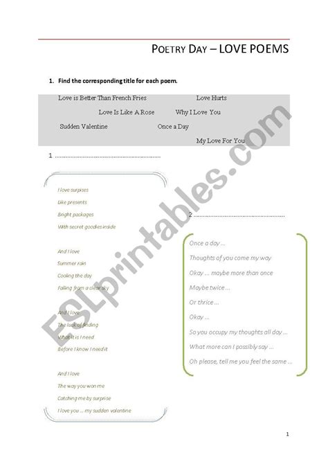 Love Poems Esl Worksheet By Ihelsen