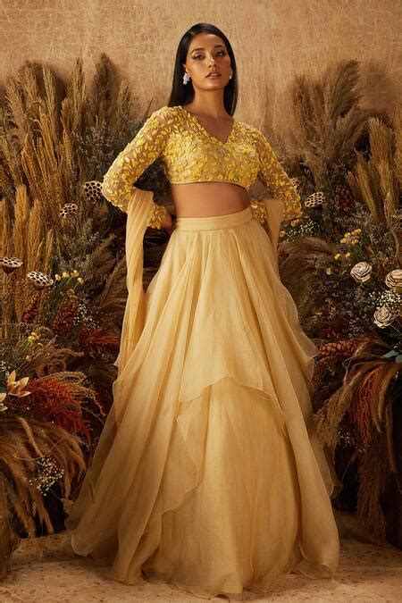 Buy Beige Organza Embroidery V Neck Layered Lehenga Set For Women By