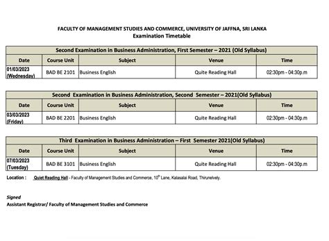 Examination Timetable Second Examination In Business Administration