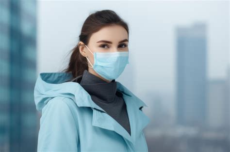 Premium Ai Image A Woman Wearing A Face Mask In Front Of A City Skyline