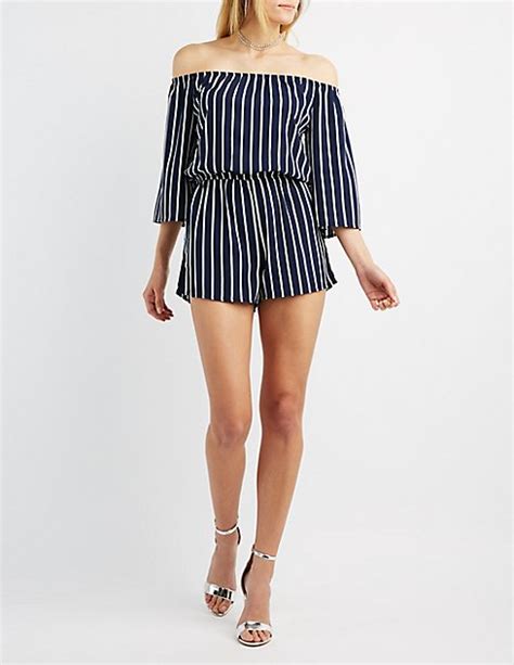 Striped Off The Shoulder Romper Charlotte Russe