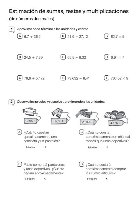 Estimación sumas restas y multiplicaciones con decimales worksheet