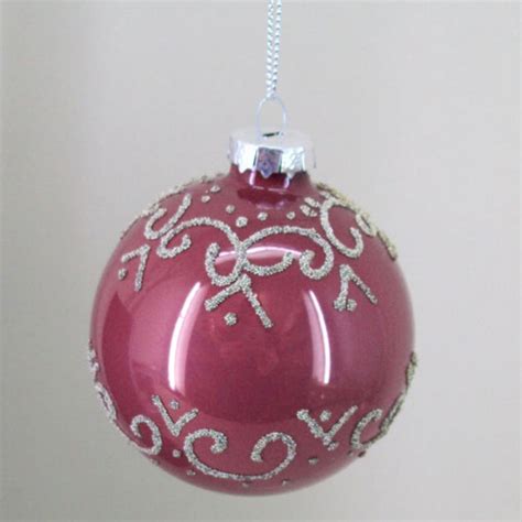 80mm Glass Christmas Baubles Rose Pink Silver Swirls Christmas