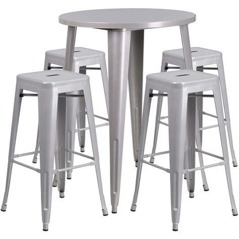 Emma And Oliver Commercial Grade 30 Round Metal Indoor Outdoor Bar Table Set 4 Backless Stools