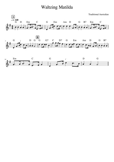 Traditional Music Waltzing Matilda Sheet Music For Piano Solo Easy