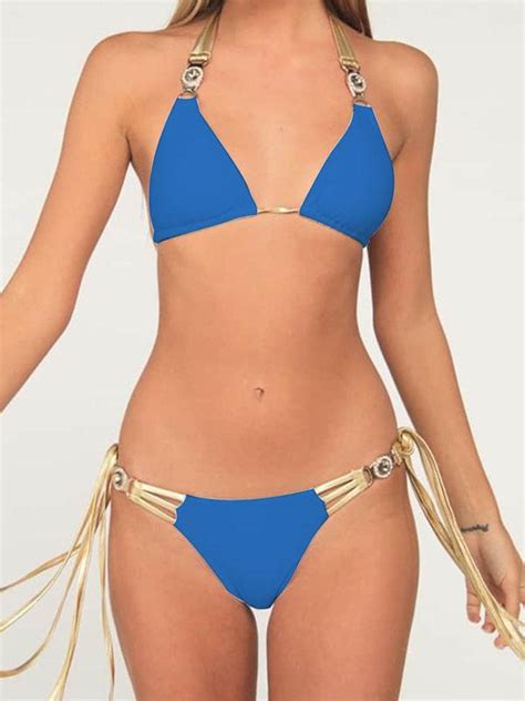 Gorgeous Embellished Triangles Bandage Split Bikini Swimsuit