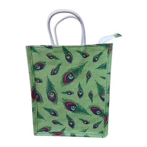 Loop Handle Green Printed Jute Shopping Bag Size 12x10 X 5 Inch At Rs