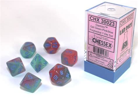 Chessex Lab Dice Polyhedral 7 Die Set Gemini Gel Green Pink Blue Alpha Omega Hobby