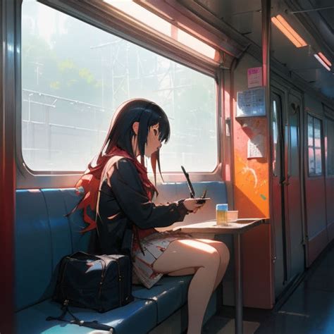 Anime Girl Sitting On A Seat Inside A Train By Aline Peres Playground