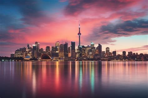 Premium Photo | Toronto city skyline at sunset with reflection in ...