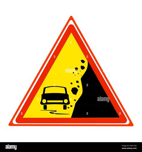 Warning Falling Rocks Sign Triangle Danger Sign With Car And Stones