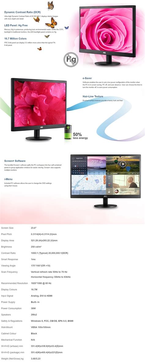AOC E2470SWH 24" LED LCD Gaming Computer Monitor FHD 1ms Speaker HDMI ...