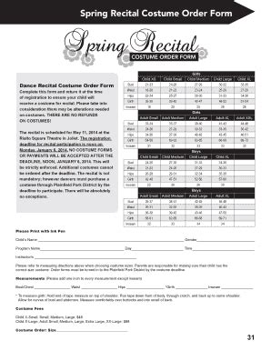 Fillable Online Spring Recital Costume Order Form Fax Email Print