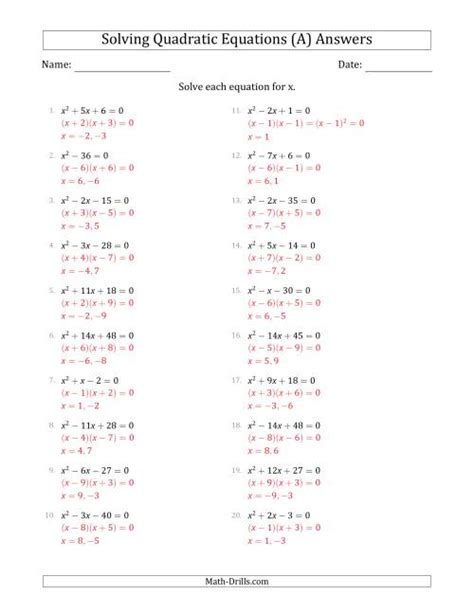 Quadratic Formula Practice With Answers