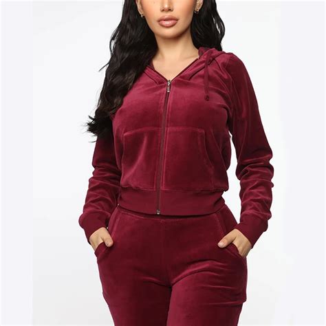 Women 2pcs Velvet Zipper Tracksuit Velour Lounge Wear Crop Top Hoodie