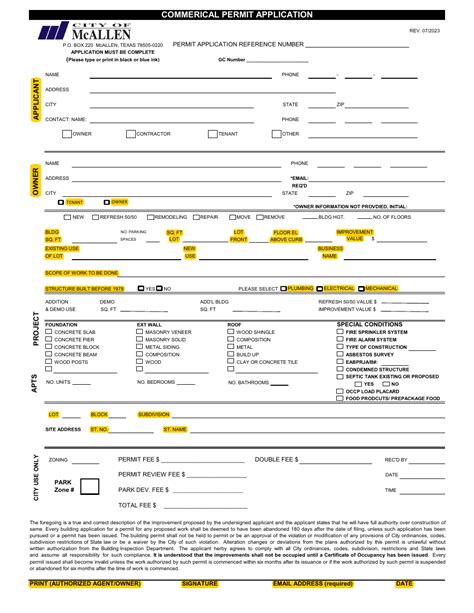 City Of McAllen Texas Commerical Permit Application Fill Out Sign