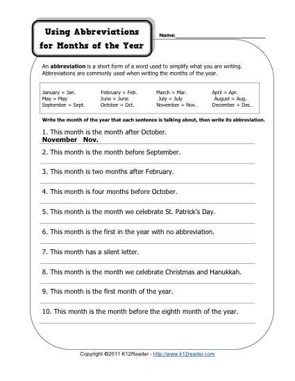 Abbreviations - Months of the Year | Free, Printable Punctuation Worksheets