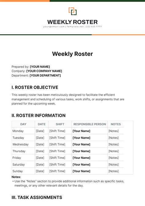 Free Weekly Roster Template Edit Online And Download