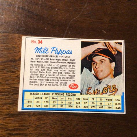 1962 Post Cereal Milt Pappas 34 Balt Orioles Trim Yourself