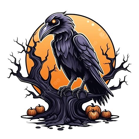 Halloween Raven Cartoon On Grave And Tree Design Holiday And Scary