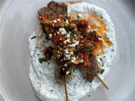 Yogurt Marinated Beef Kebabs With Calabrian Chile Tapenade Recipe Jordan Andino Food Network