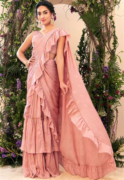 Indya Varun Bahl X Indya Pastel Pink Printed Ruffled Pre Stitched Saree