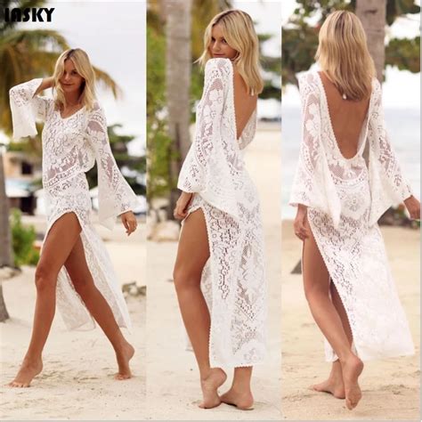 Iasky 2018 Sexy Lace Beach Cover Up White High Split Swimwear Dress