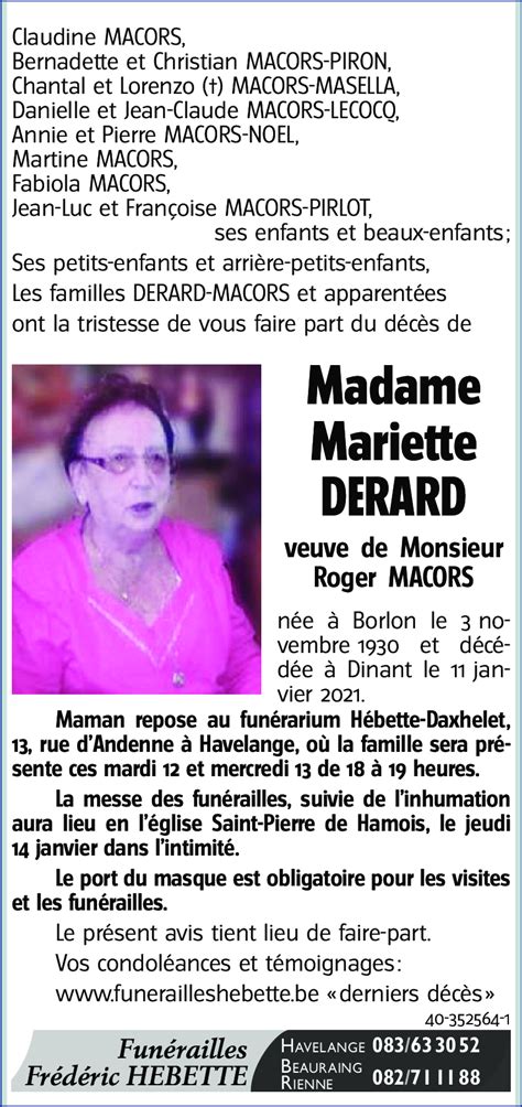 Avis De Décès De Mariette Derard Décédé Le 11012021 à Dinant