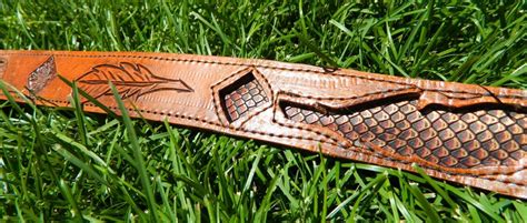 Full Grain Brown Leather Belt With Feather Cutout And Red Snake Skin