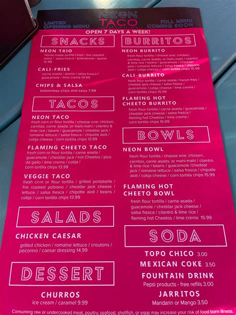 Menu At Neon Taco Restaurant Lake Ozark