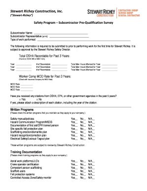 Fillable Online Subcontractor Pre Qualification Survey Stewart Richey