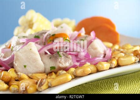 Typical Peruvian Dish Of Ceviche With Cancha Toasted Maize Stock Photo