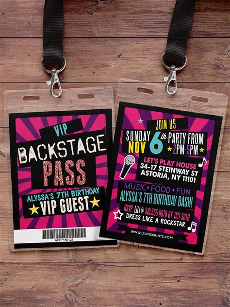 Birthday Invitation Rock Star Vip Pass Backstage Pass Concert