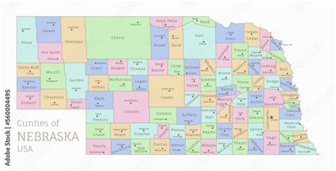 Counties of Nebraska, administrative map of USA federal state. Highly ...