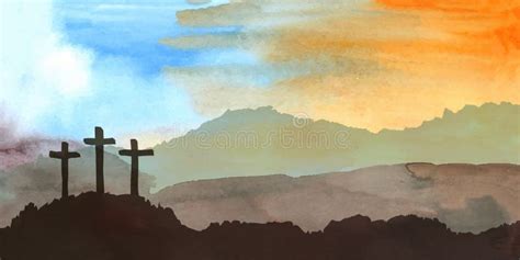 Easter Scene With Cross Jesus Christ Watercolor Vector Illustration