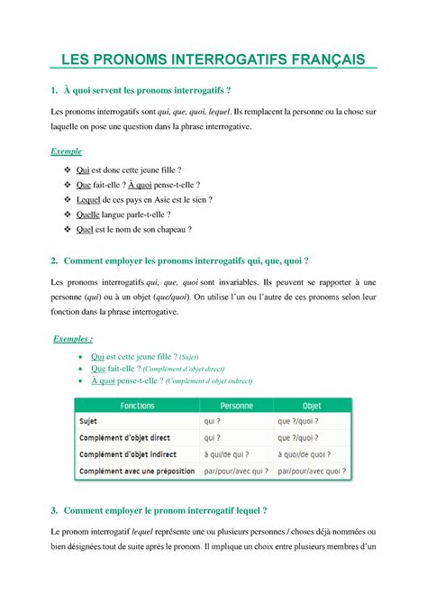 Grammaire S1 Mme Laaribi Propnom 3 Les Pronoms Interrogatifs FranÇais 1 À Quoi Servent Les