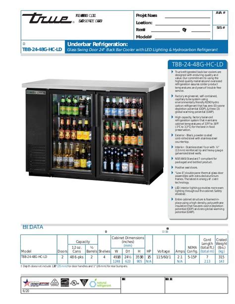 True Tbb 24 48g Ld Back Bar 24 Deep 2 Glass Swing Door Refrigerator 49