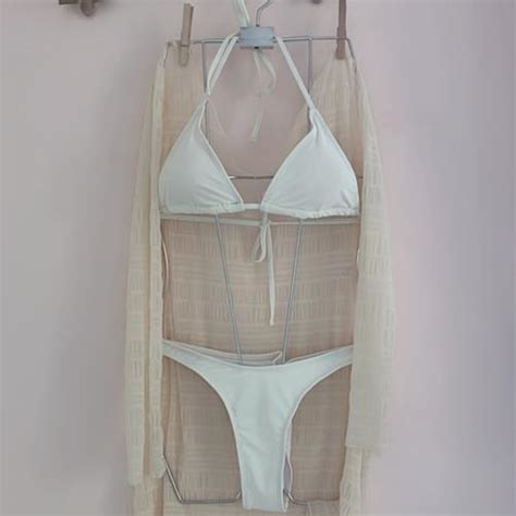 Jual Bikini Triangle Off White Putih Dengan Outer Creme Nude Transparant Tangan Panjang Kota