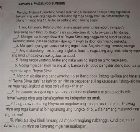 GAWAIN 1 PAGSUNOD SUNURIN Ng Panuto Mula Sa Kuwentong Binasa Suriin