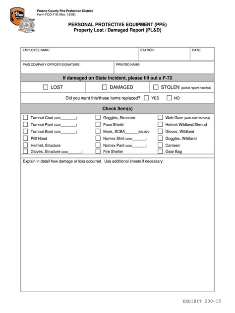 Fillable Online Exhibit 200 15 Fire District Property Lost Damaged