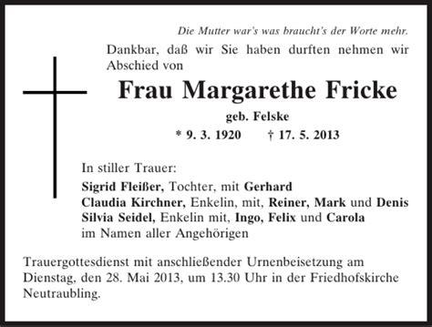 Traueranzeigen Von Geb Felske Margarethe Fricke Mittelbayerische Trauer